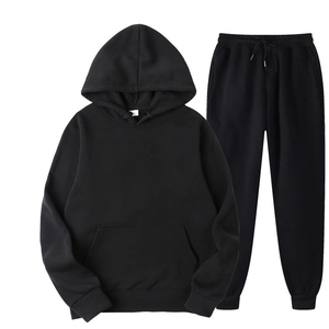 Men's casual black hooded tracksuit set featuring a long sleeve hoodie and jogger pants