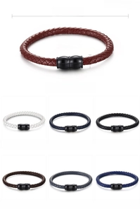 Macro detail of braided leather bracelets with black magnetic clasps in seven colors