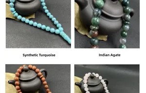 Detail showing synthetic turquoise, Indian agate, goldstone and rose quartz prayer beads