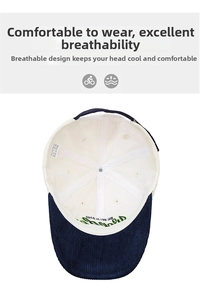 Detailed interior of a navy corduroy baseball cap showing white lining and stitch detail