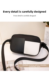 Detail showing monochrome crossbody bag used as a shoulder or waist bag with strap