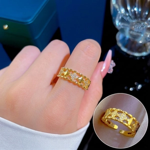 Elegant Hollow Clover Flower Adjustable Open Ring Gold Plated Brass Cubic Zirconia Minimalist Jewelry For Women
