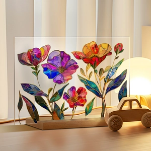 Detail of floral acrylic desktop ornament with wood base in a cozy room setting
