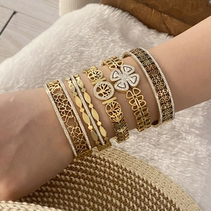 Stainless Steel Bangle Bracelet Gold Plated Rhinestone Hollow Tree Of Life Clover Heart Fashion Jewelry For Women