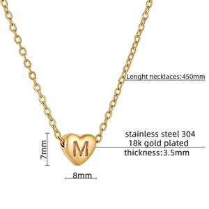 Detail view of 18k gold plated heart necklace with dimensions and stainless steel material