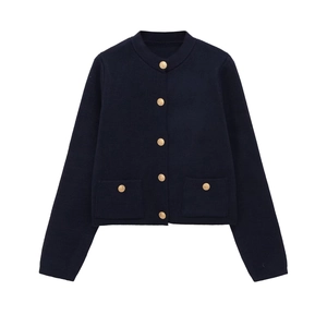 Navy blue knit cardigan with gold buttons and round neck in a classic slim fit style