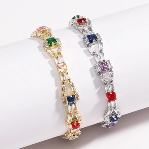 Dual-layer 4mm multi-color zircon tennis bracelet with gold and silver link plating