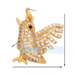 Detailed view of gold-plated bird pendant with white gemstones and dimensions 18x17x4mm