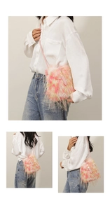Three-angle view of pink and yellow gradient faux fur crossbody bag worn by model