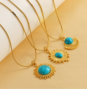 Collier en acier inoxydable turquoise retro avec pendentif soleil, bijoux femme.