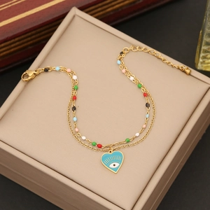 Bohemian gold double layer necklace with blue heart evil eye pendant and colorful beads