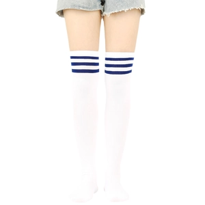Detailed view of white over-the-knee socks with blue triple stripes and knitted texture