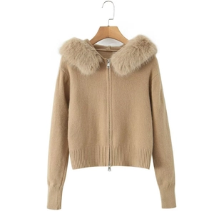 Women's camel knit cardigan with faux fur hood collar and front zipper closure