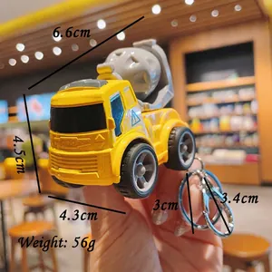 Mini yellow cement mixer truck keychain toy with pull-back function and metal ring