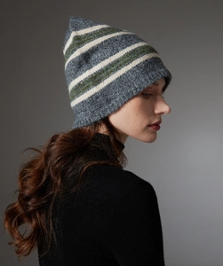Side view of a grey striped knit wool beanie featuring beige and green horizontal stripes