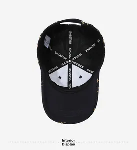 Interior view showing stitched branded tape and sweatband of the embroidered baseball cap