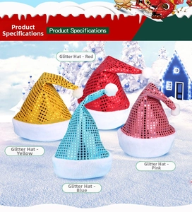 Macro detail of four colorful sequined Christmas hats with white plush trim and pom-poms