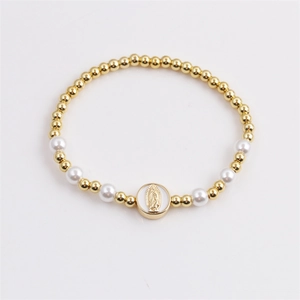 Virgin Mary Medallion Pendant Beaded Bracelet Copper Beads White Faux Artificial Pearl Religious Jewelry Bohemian Style