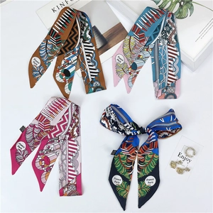 Long Narrow Scarf Faux Satin Ethnic Print Hair Tie Bag Handle Ribbon Retro Geometric Pattern Women Neck Scarf
