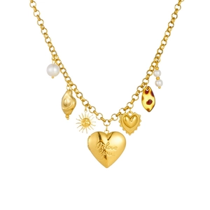 Collier vintage en acier inoxydable doré avec médaillon cœur et pendentifs soleil