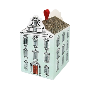 European cartoon house shaped gift box in light blue with brown roof and red handle