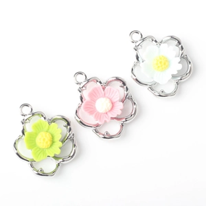 Minimalist alloy flower pendants in green, pink and white with gold frames for DIY jewelry