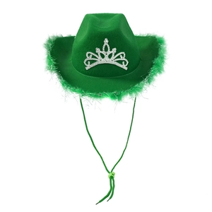 Green western cowboy party hat with sparkling silver rhinestone crown and feather trim