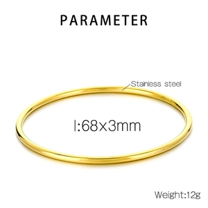 Detailed parameter infographic of the 68x3mm golden stainless steel round bangle