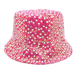 Detail of rose pink bucket hat with colorful sequins and golden beaded diamond patterns