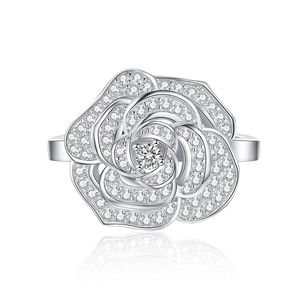 Exquisite S925 silver camellia flower ring with shimmering paved cubic zirconia stones