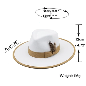 Size chart for white fedora hat with feather detail showing 56-58cm circumference