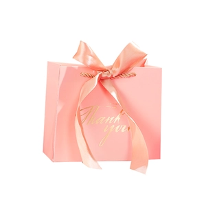 Pink European style wedding gift bag with gold foil Thank You text and satin ribbon handle