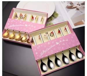 Detailed view of 304 stainless steel Christmas coffee spoon sets in gold and silver