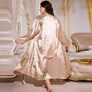 Three-piece champagne satin floral pajama set with long robe and lace camisole