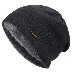 Winter knit beanie with thick fleece lining and Sport leather patch in black and gray