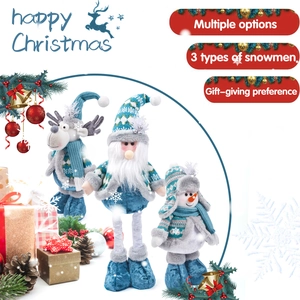 Detail of blue velvet Christmas plush set with reindeer, Santa, and snowman on a festive background