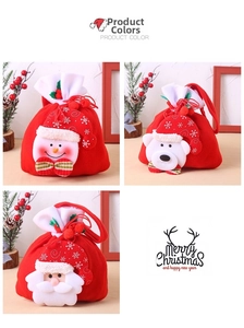 Detailed view of 3D Christmas drawstring bags featuring snowman, bear and Santa dolls