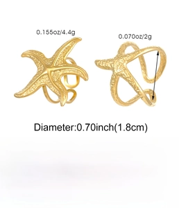 Detail view of 18k gold starfish ring showing 1.8cm diameter and stainless steel texture