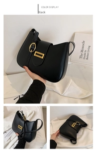 Detailed views of a black minimalist underarm bag with elegant gold decorative buckles