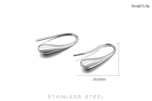Detail of silver stainless steel teardrop earrings with 24x5mm size and 4g weight specs