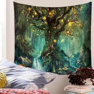 Fantasy forest tapestry with glowing tree and waterfall for bedroom wall decoration