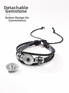Detail showing the detachable snap button design and braided leather bracelet structure