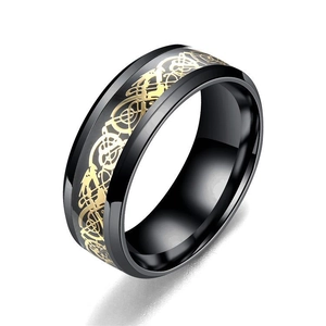 Polished black titanium steel ring with golden Celtic dragon inlay for men and women