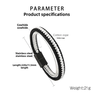 Detailed specs of men's braided leather and cotton cord bracelet with magnetic clasp