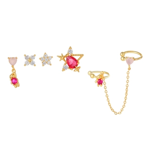Golden S925 stud earring set with pink heart zircons, star charms and ear cuffs