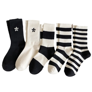 5-pack of black and white striped cotton mid-calf socks with star embroidery
