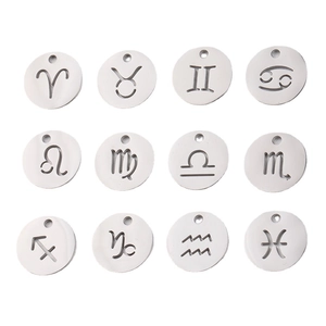 Set of 12 silver 12mm stainless steel round zodiac charms with hollow zodiac symbols