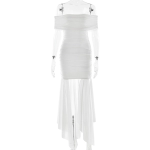 Elegant white strapless mini dress with pleated bust and asymmetrical sheer streamer skirt