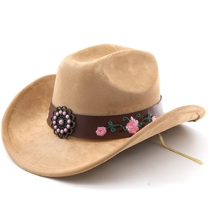 Khaki suede western cowboy hat with floral embroidery and turquoise metal ornament