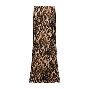 Women's leopard print satin maxi skirt with high waist and slim fit mermaid silhouette